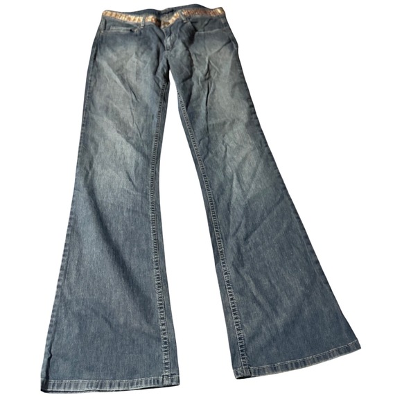David Meister Jeans Size 10 Bell Bottom Sequin Waist Blue Denim - Picture 1 of 3